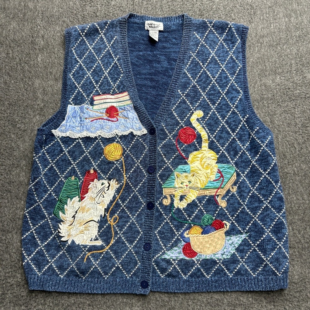 Vintage Sweater Vest Cat Applique Embroidered Grannycore 90s Cat Lady 2X